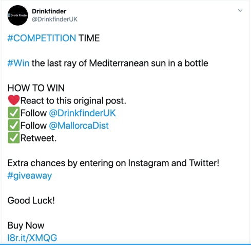 A Twitter screenshot of a brand organizing a giveaway on Instagram
